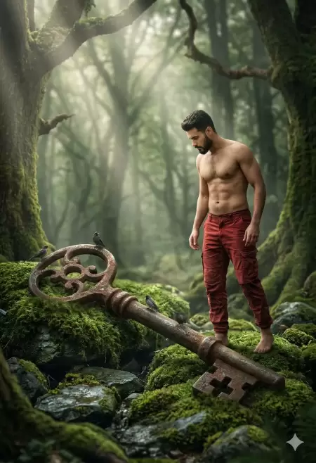 Man and Colossal Ancient Key in Forest