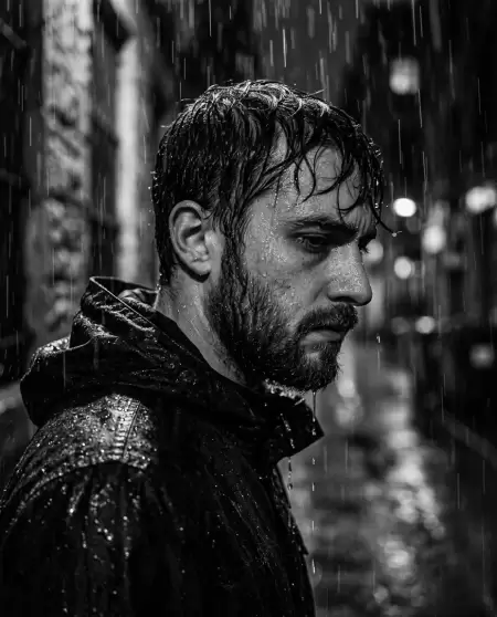 Moody close-up man profile in heavy rain