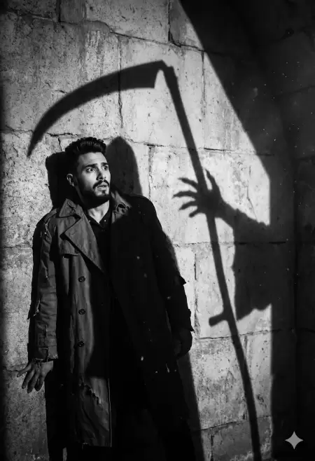 Man terrified by Grim Reaper shadow
