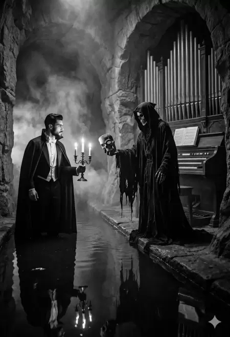 Man facing Grim Reaper in flooded catacomb with organ