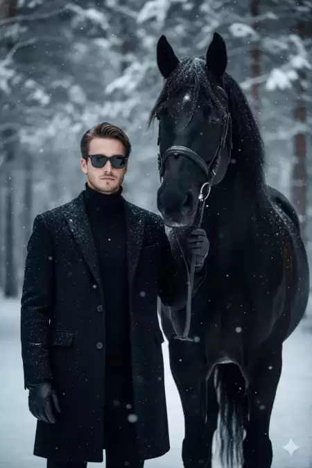Snowy Solitude with Black Steed
