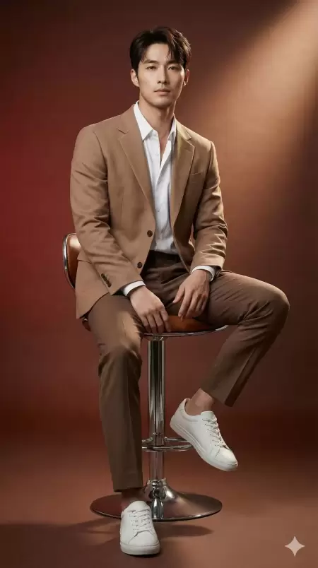 The man is wearing a brown suit
